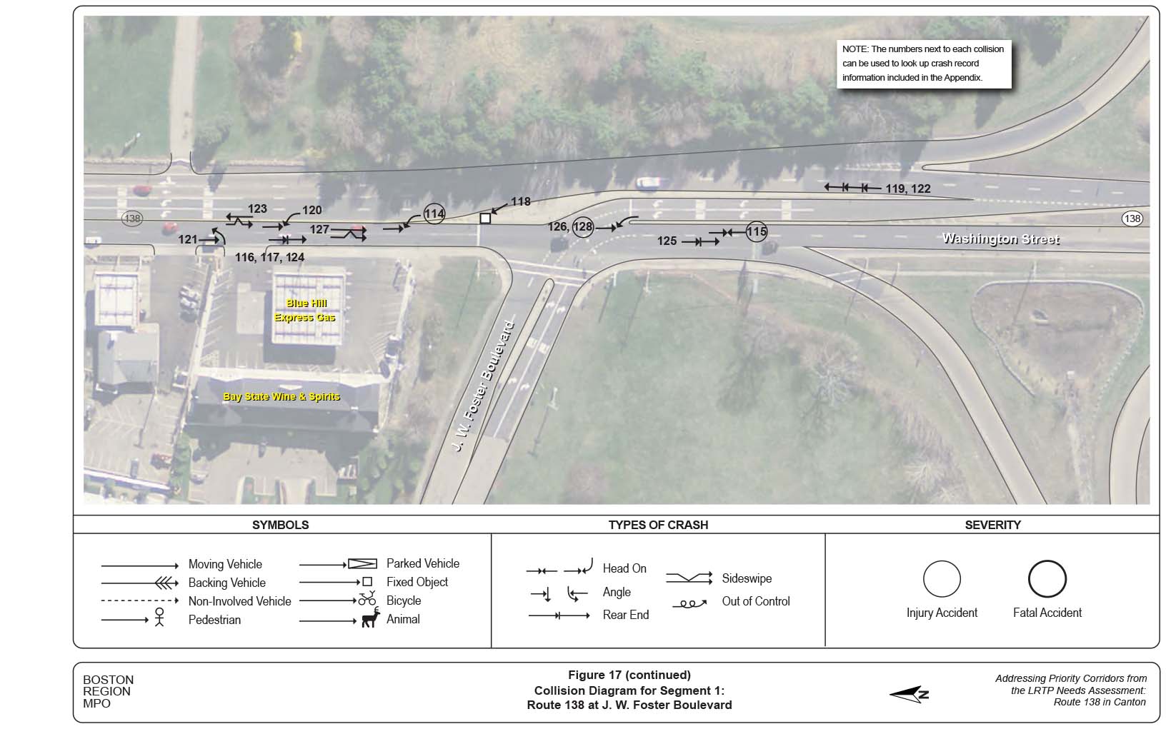 Figure 17 (continued) is a collision diagram for a part of Segment 1, which is the intersection of Route 138 and J. W. Foster Boulevard.